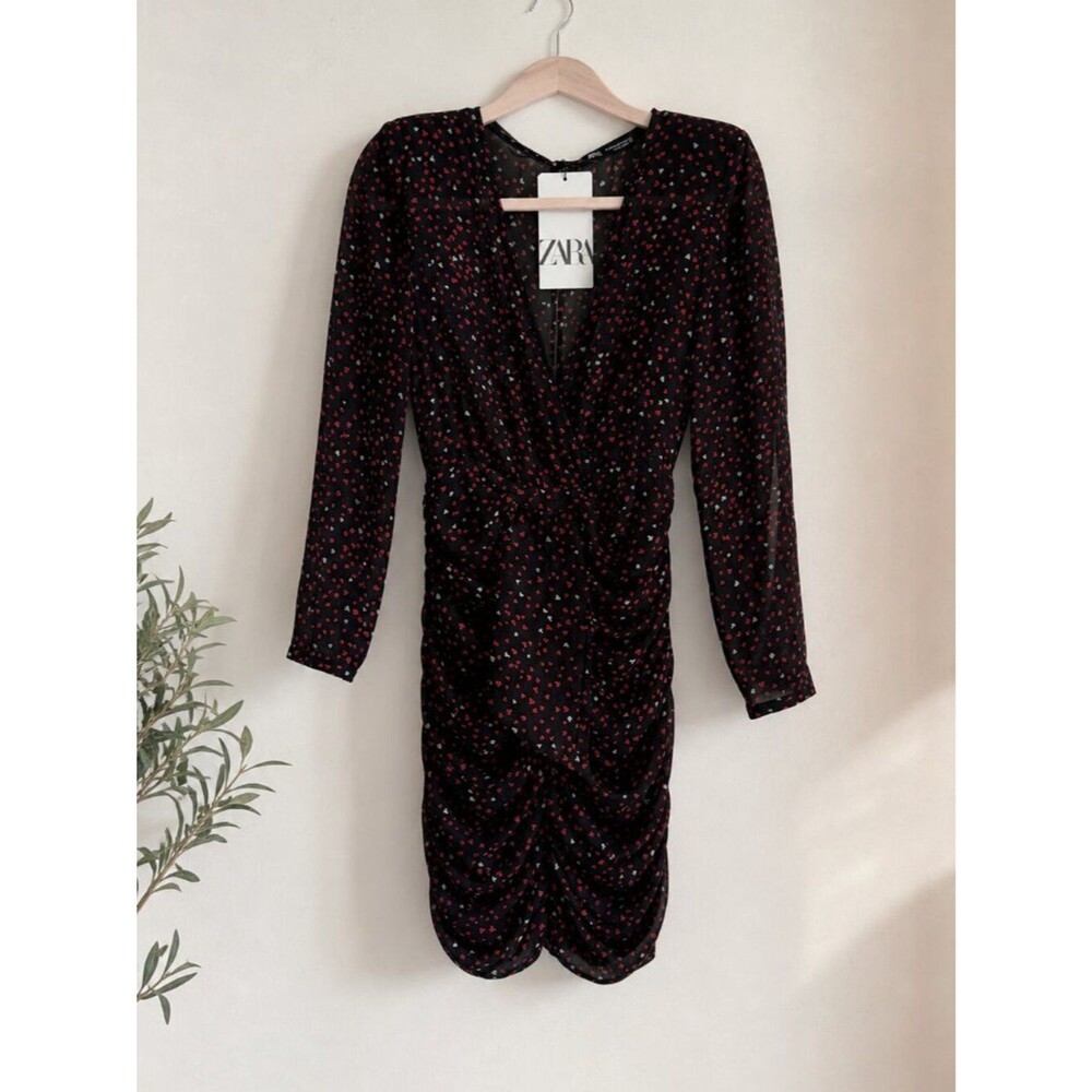 ZARA Black Heart Print Ruched Mini Dress XS NWT Long Sleeve V-Neck Bodycon